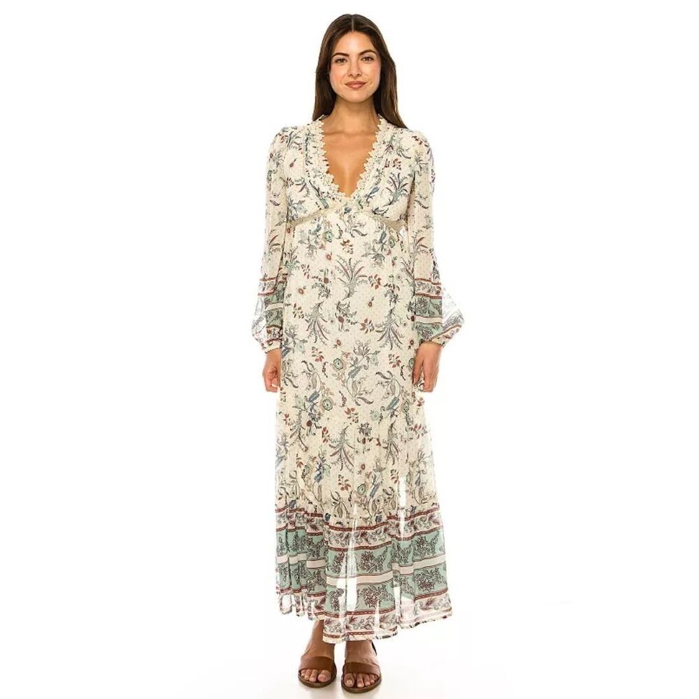 Penelope Rose Floral Chiffon Maxi Dress Plus Sz 1X Boho Peasant Cottagecore New